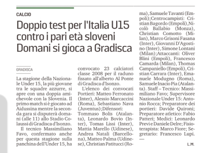 Gli Azzurrini U15 domani a Gradisca